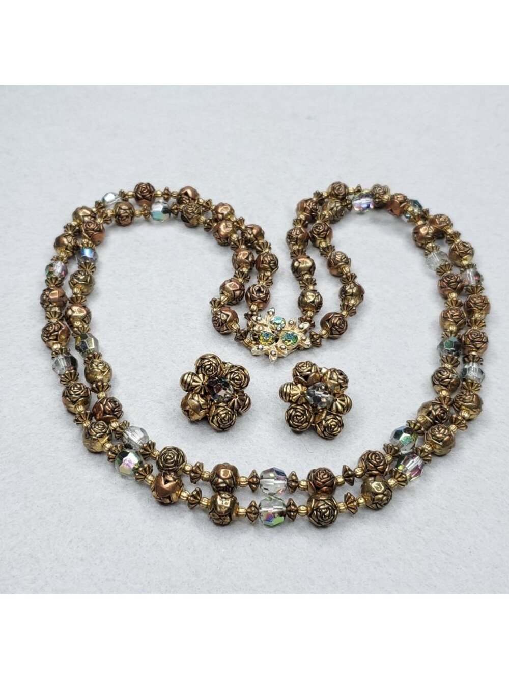 Vintage Beaded Necklace Clip On Earring Set Copper Gold Tone Rosebud 21"